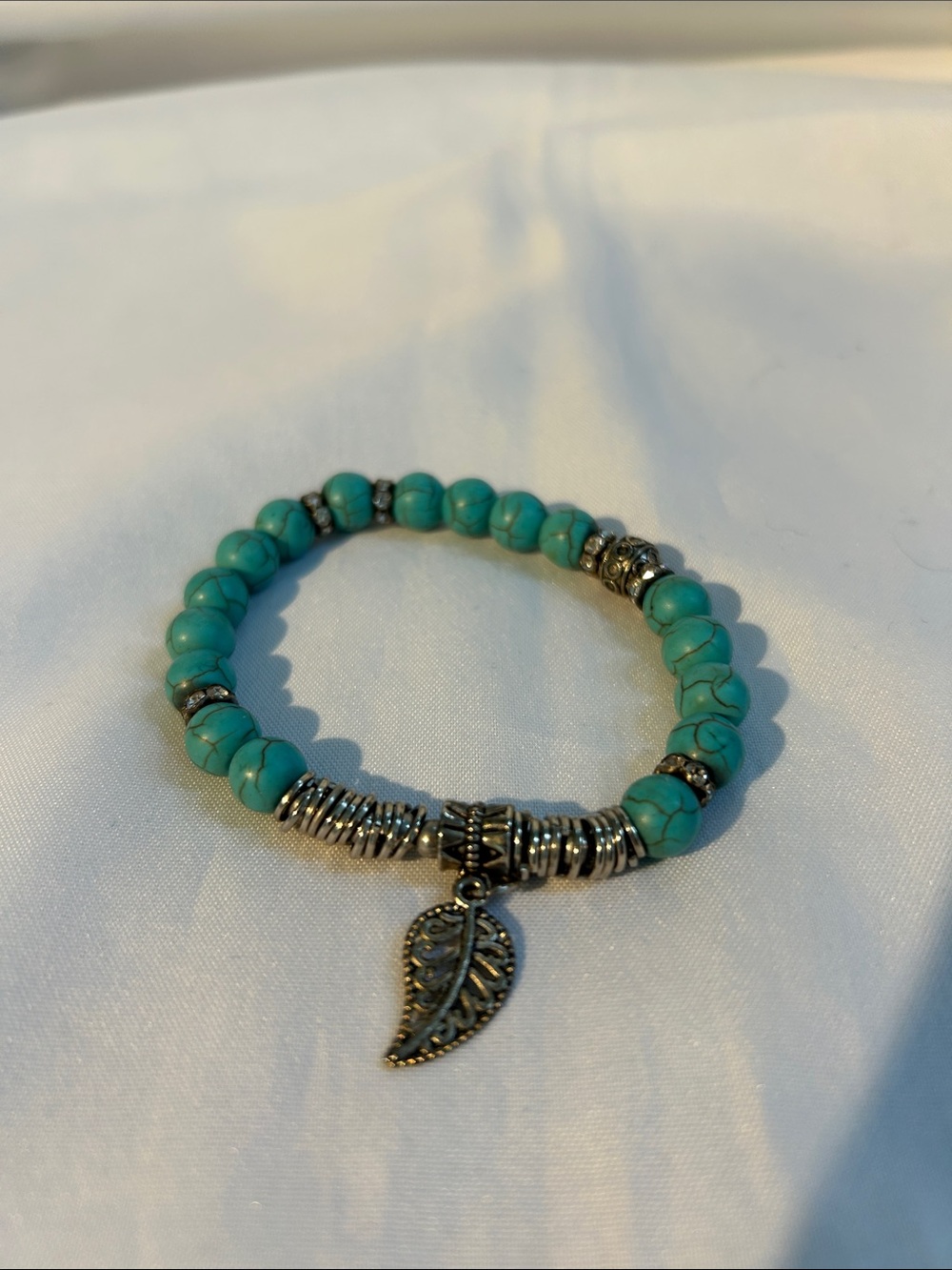 Turquoise Beaded Bracelet with Silver Leaf Charm - Women's Jewelry